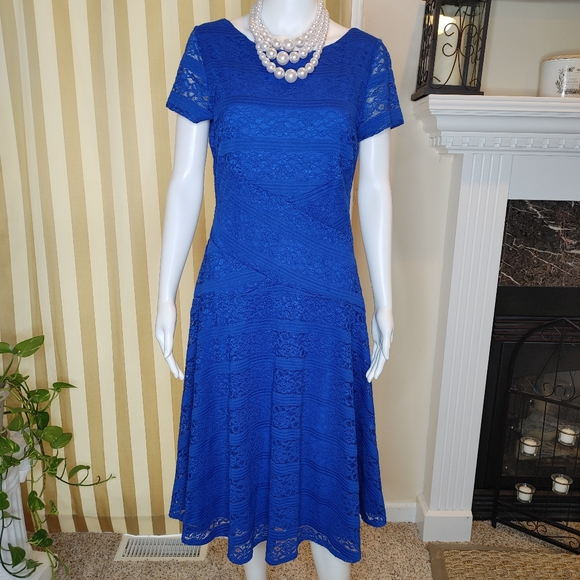 SANGRIA LACE FIT AND FLARE DRESS, BLUE 6 - Picture 2 of 7